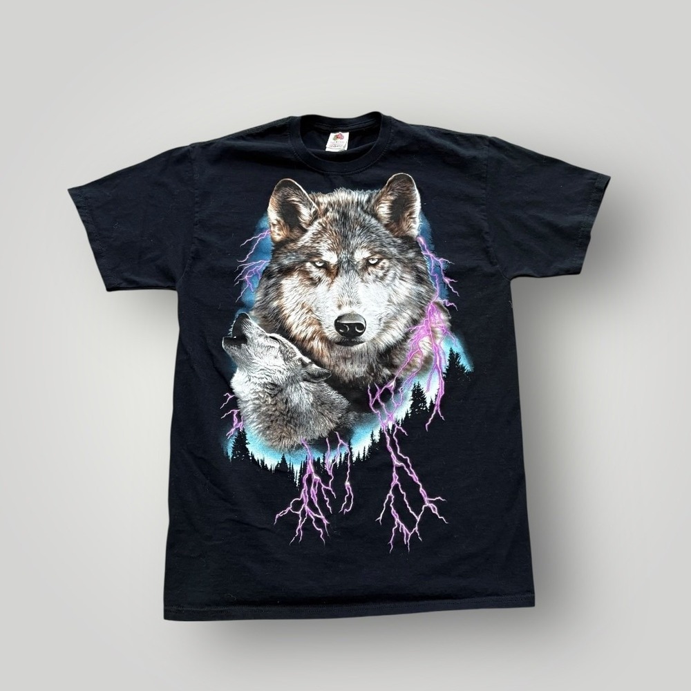 Fruit Of The Loom Shirt Mens Medium Black Wolf Pack Lightning Graphic Tee